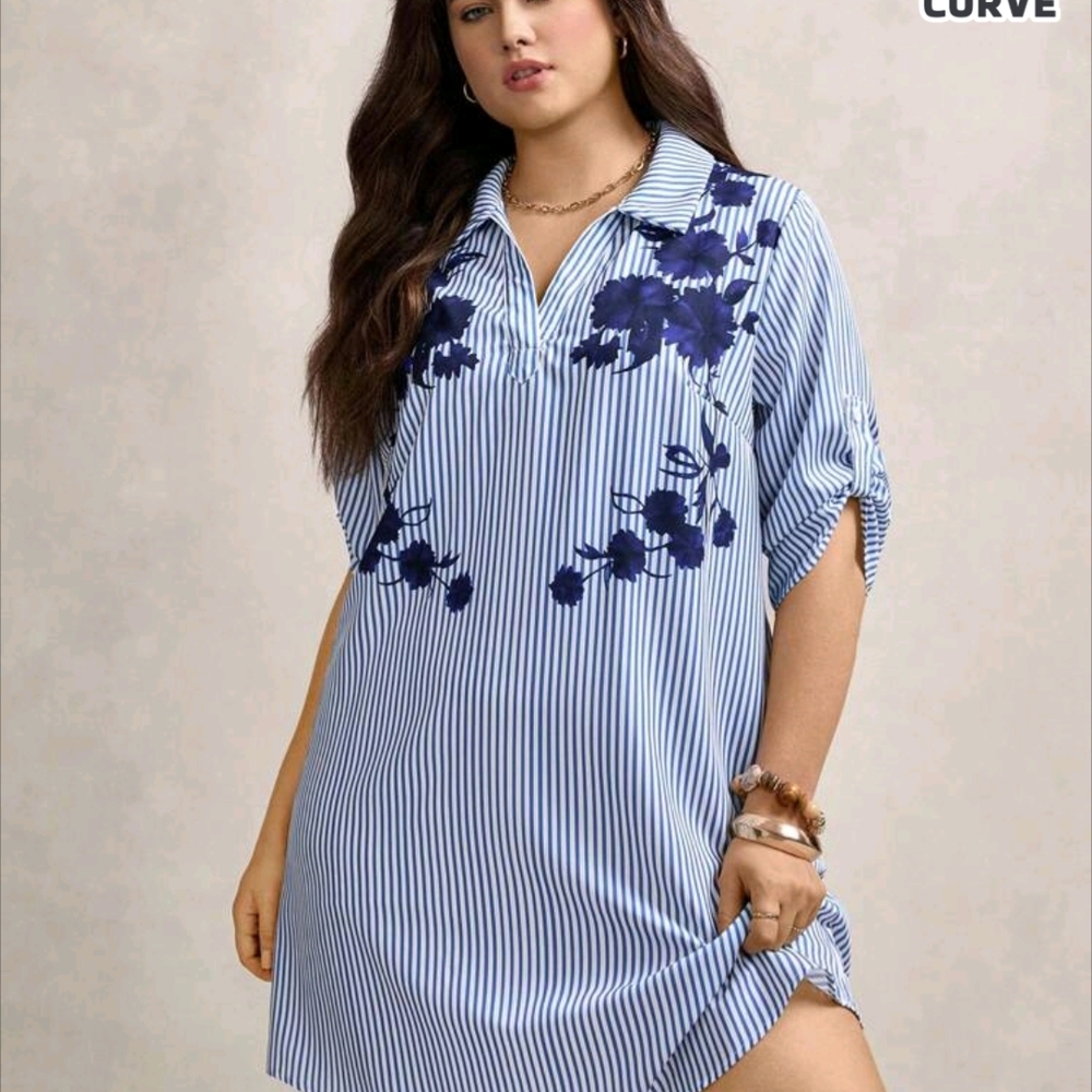 SHEIN Blue Floral Striped Swim Cover-Up
